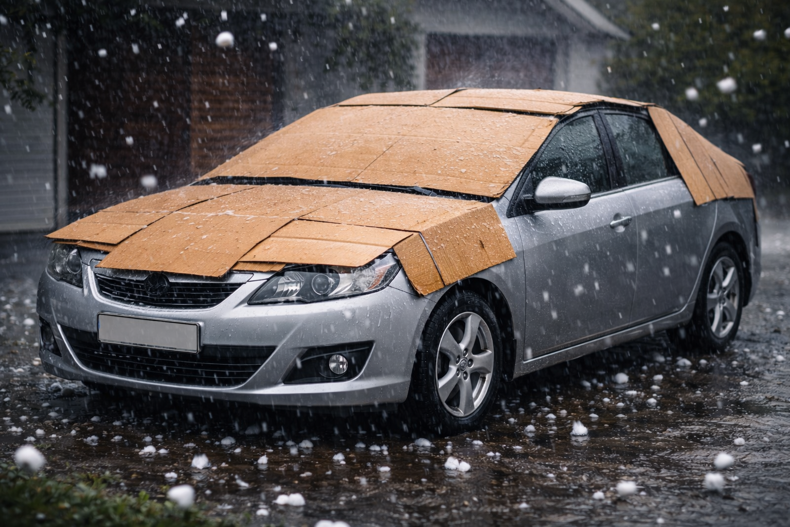 Voiture protégée de la grêle par une protection en carton