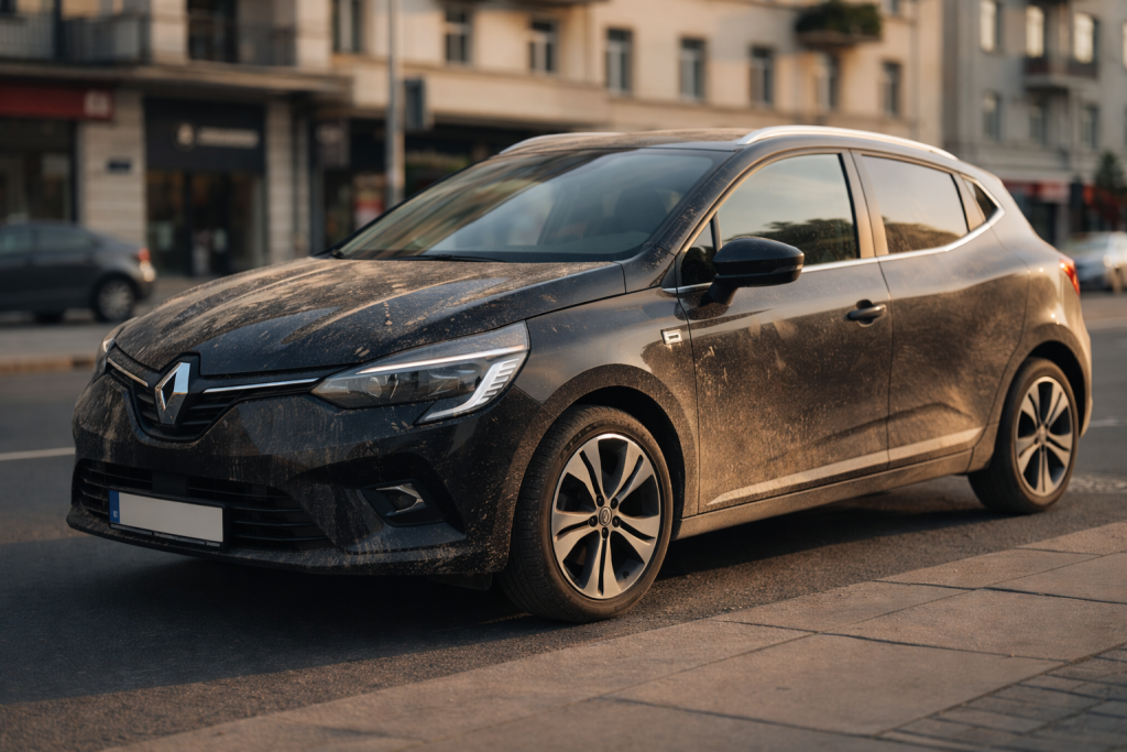 Renault Clio après un épisode de sable subsaharien