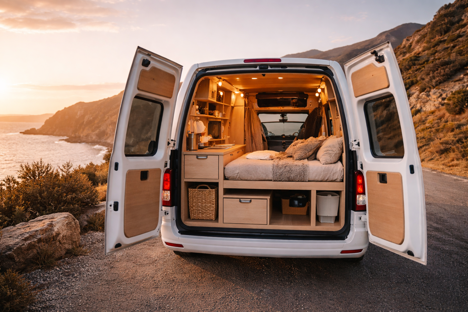Petit van aménagé au bord de route