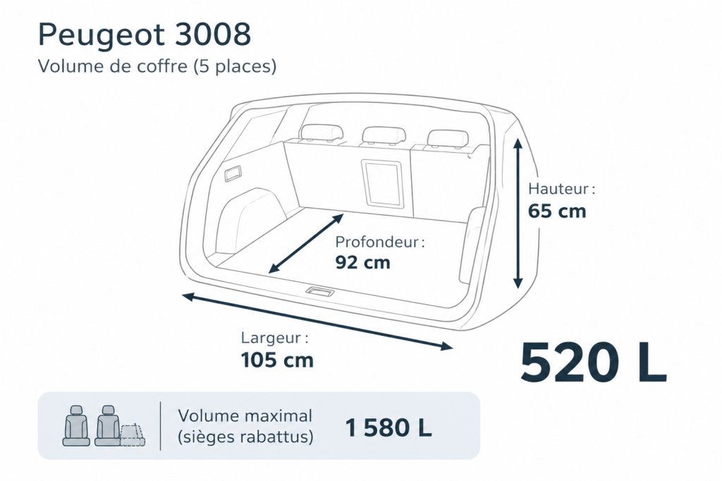 Schéma des dimensions du coffre du Peugeot 3008