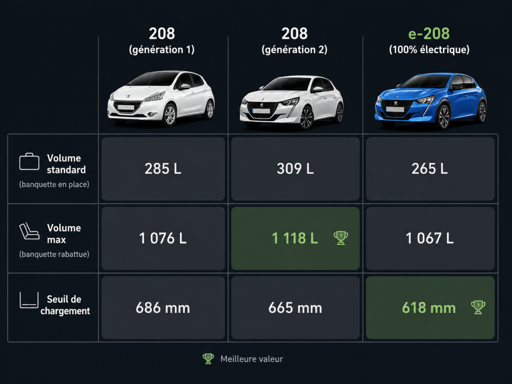 Comparaison du volume de coffre des versions de la 208