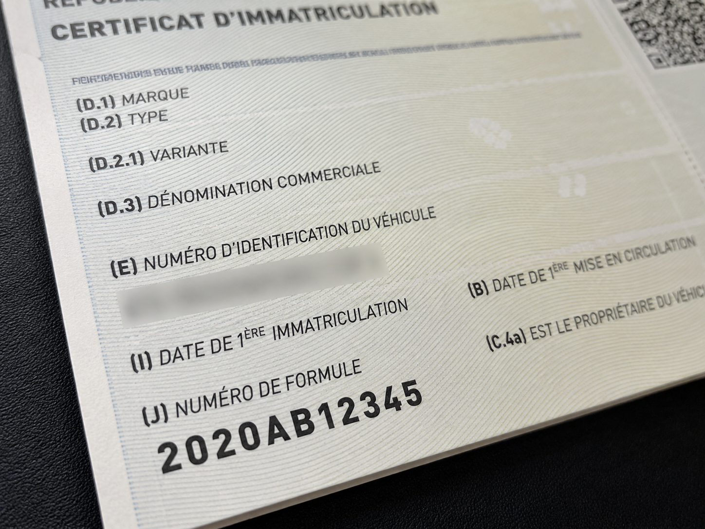 Numéro de formule sur une carte grise