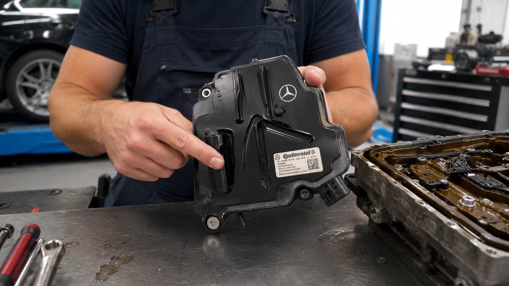 Module de commande ISM Mercedes A 000 270 32 52 Continental neuf posé à côté de son emballage d origine Mercedes-Benz Original-Teile.