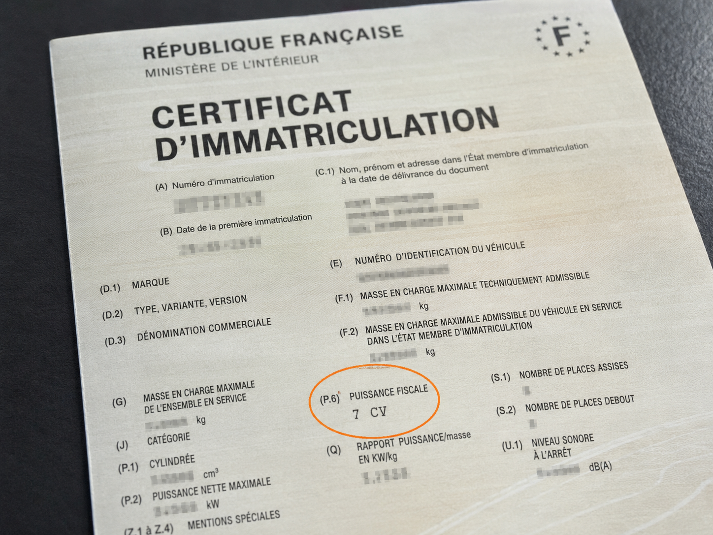Puissance fiscale sur une carte grise