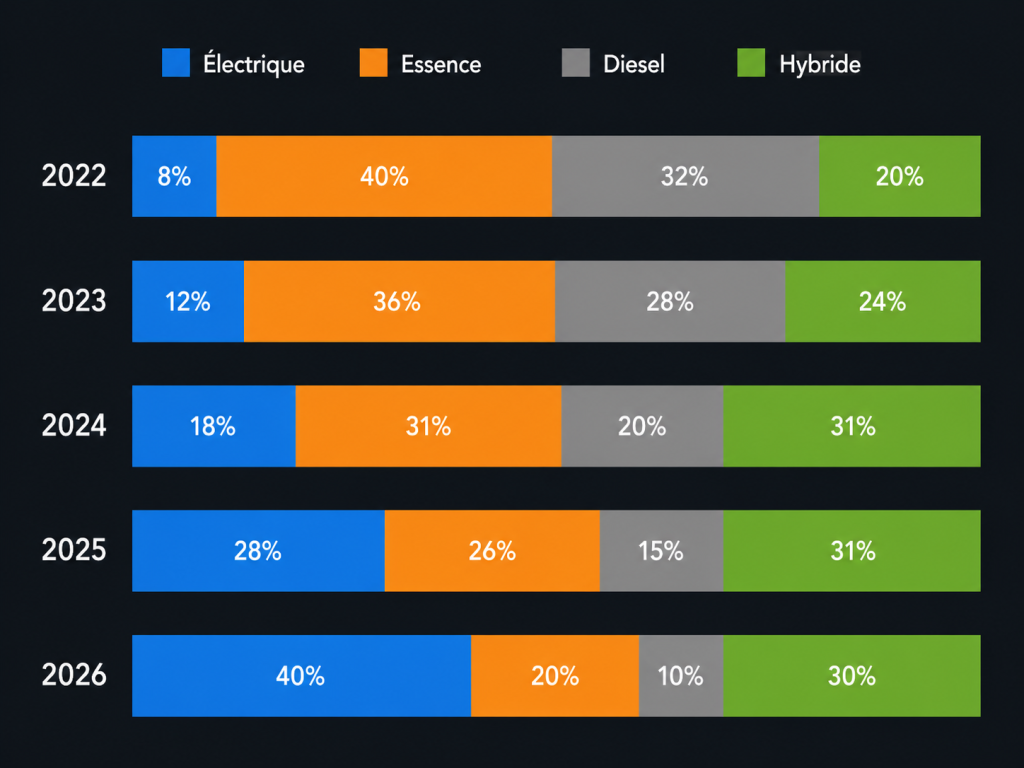 Répartition des parts de marché par motorisation essence électrique et hybride