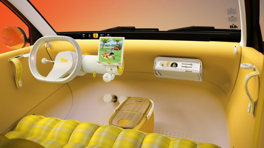 Intérieur de la Citroën 2 chevaux électrique de 2026