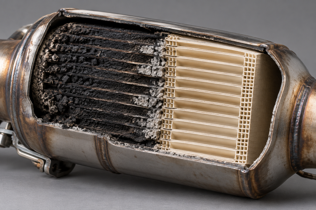 Filtre à particules ouvert propre et encrassé
