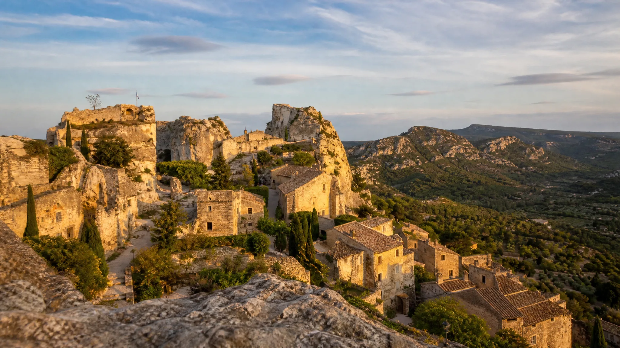 Village perché médiéval des Baux-de-Provence au coucher du soleil en Provence